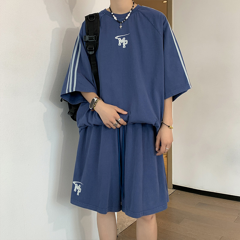 港风夏男套装三条杠条纹字母印花短袖T恤五分短裤两件套TZ117P55,男装休闲套装,星座1013-1