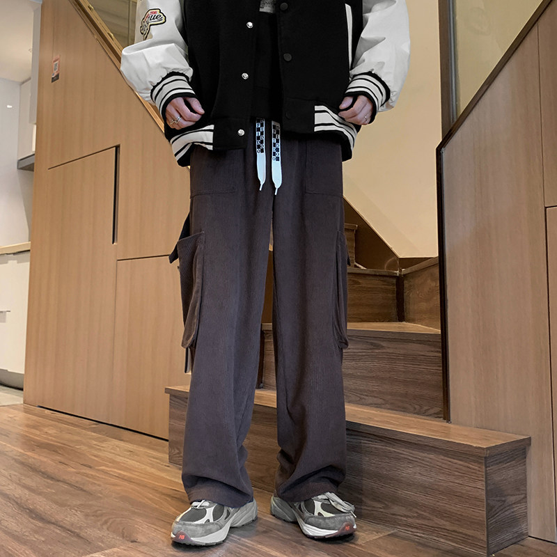 港风秋款男裤灯芯绒工装裤大口袋休闲宽松直筒长裤h906P40,男装休闲裤,星座1013-1