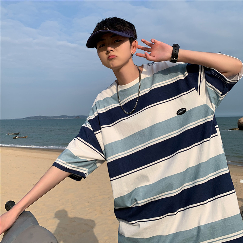 港风夏短袖T恤字母贴标条纹宽松百搭五分T恤衫T325P25,男装T恤,星座1013-1