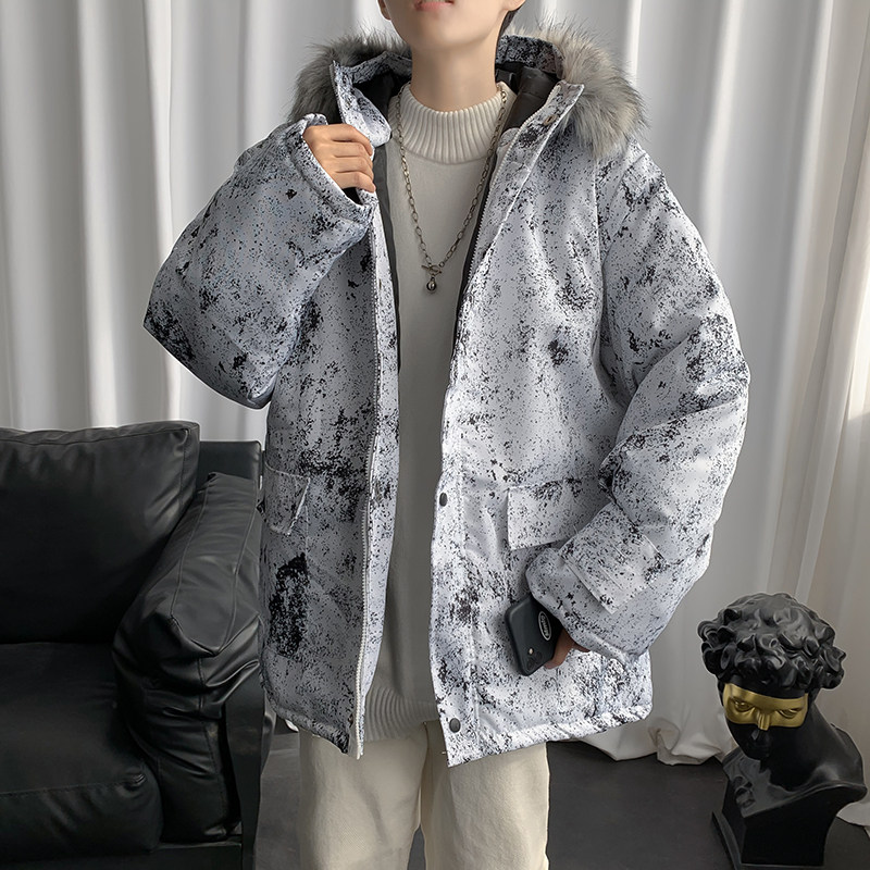 港风男棉衣连帽毛领外套潮宽松棉袄工装棉服泼墨面包服M8807P90,男装棉衣,星座1013-1