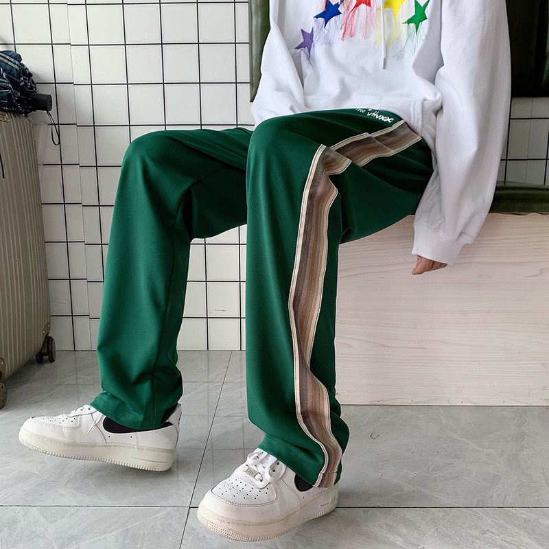2022港风春款男裤条纹拼接直筒下坠贴标休闲长裤h81,男装休闲裤,星座1013-1