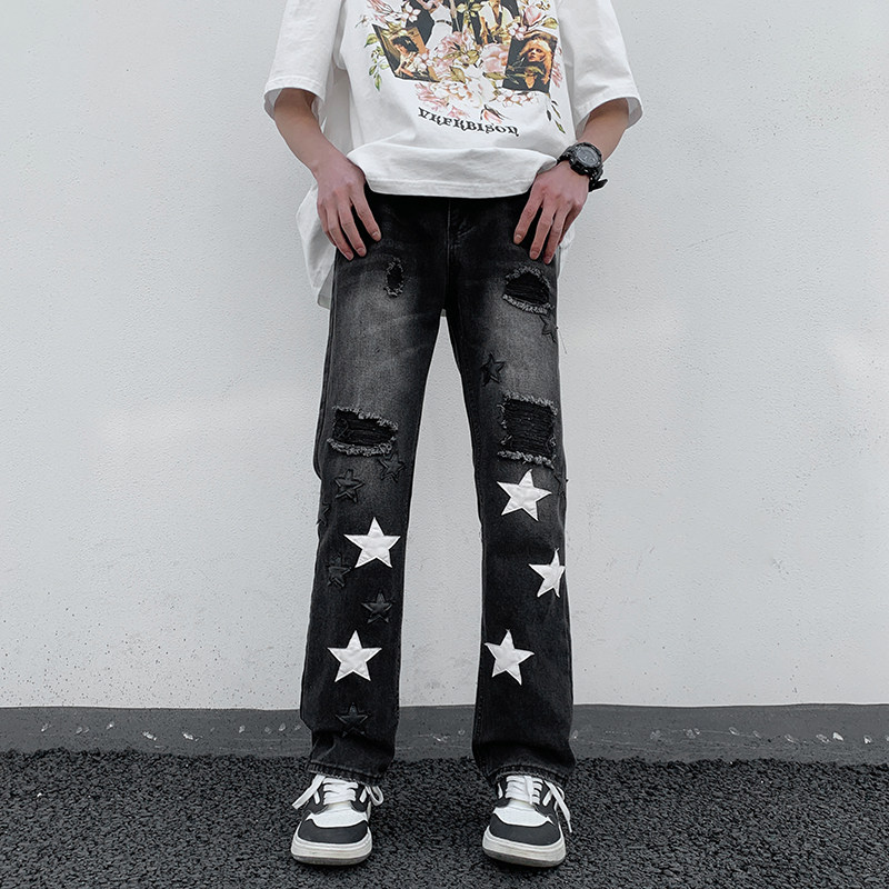 港风夏款男牛仔裤破洞五角星拼接直筒宽松休闲长裤nk8031P50,男装牛仔裤,星座1013-1