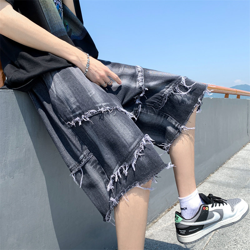 夏款男牛仔短裤毛边流苏五分裤拼接款直筒休闲马裤D01 P40图片