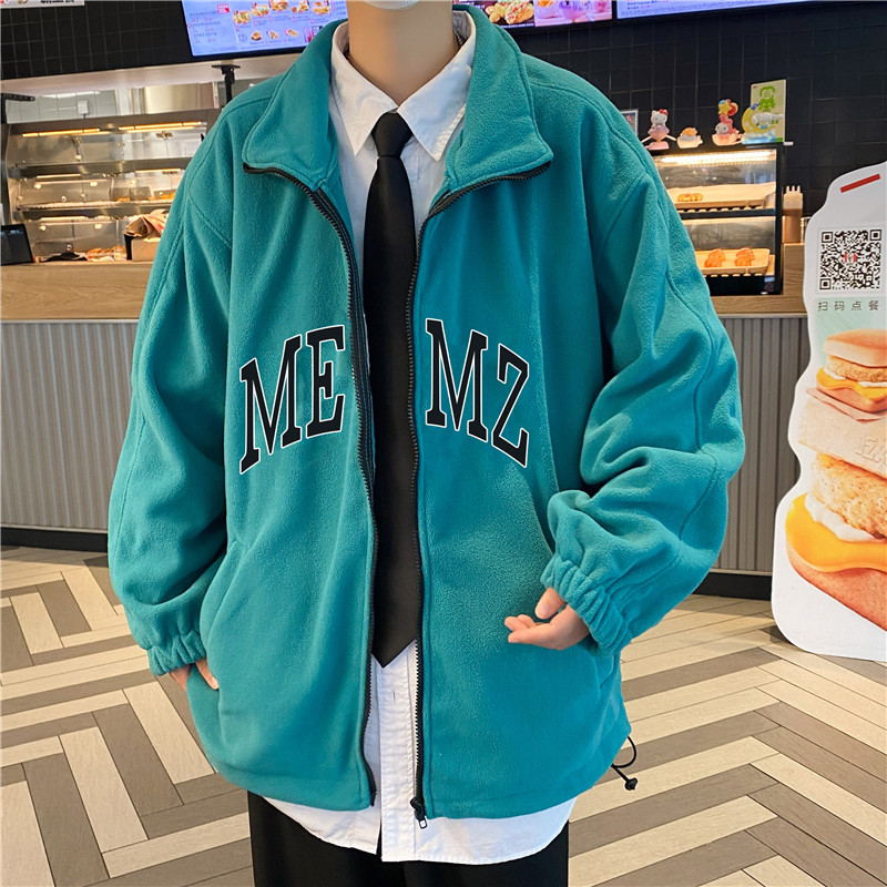 港风秋男夹克开衫字母印花立领拉链运动羊羔毛卫衣外套J,男装夹克,星座1013-1