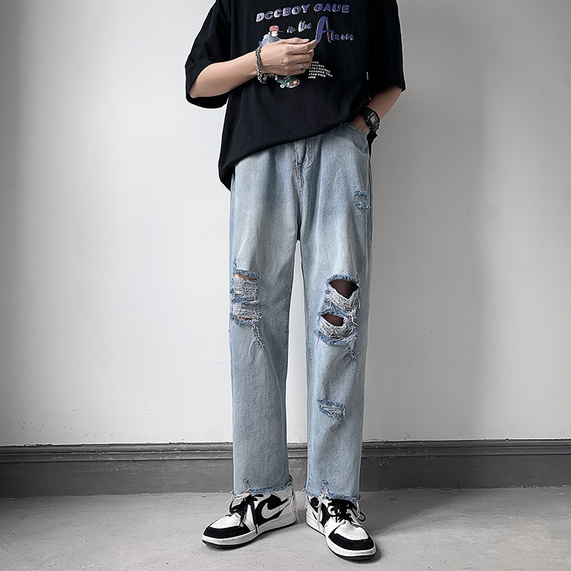 港风夏款男牛仔裤大破洞直筒裤流苏毛边情侣款潮裤n,男装牛仔裤,星座1013-1