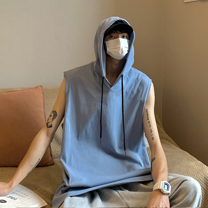 港风夏款男纯棉背心连帽马甲无袖T恤宽松坎肩T33 P30图片