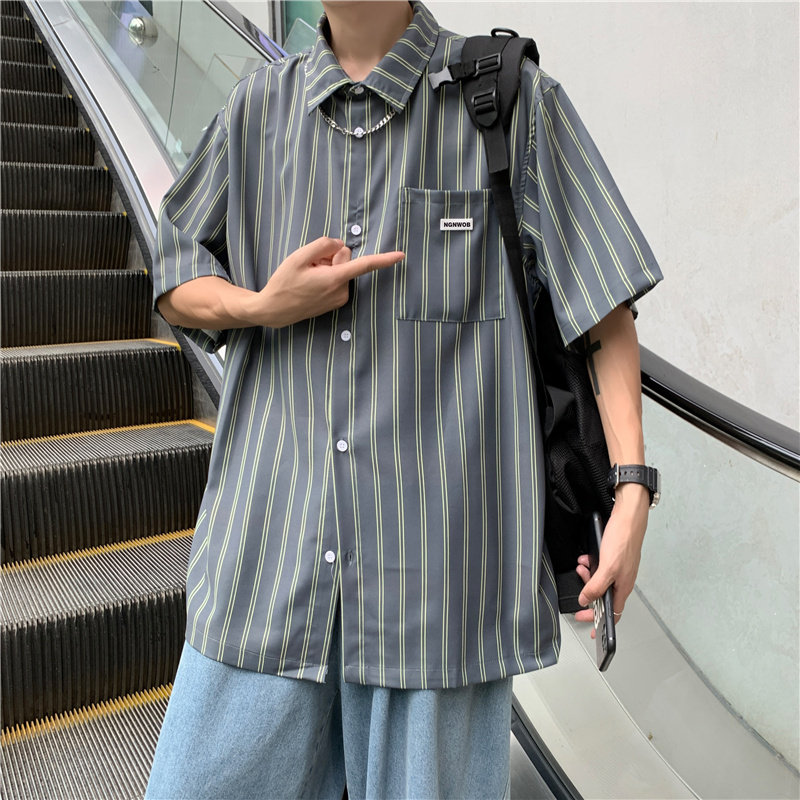 夏款男短袖条纹衬衫宽松贴标韩版百搭衬衣CS708,男装衬衫,星座1013-1