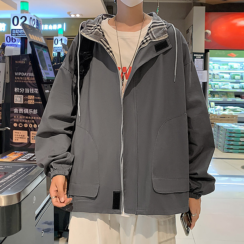 2021港风秋款男夹克连帽魔术贴拉链格子宽松休闲外套JK03 P60图片