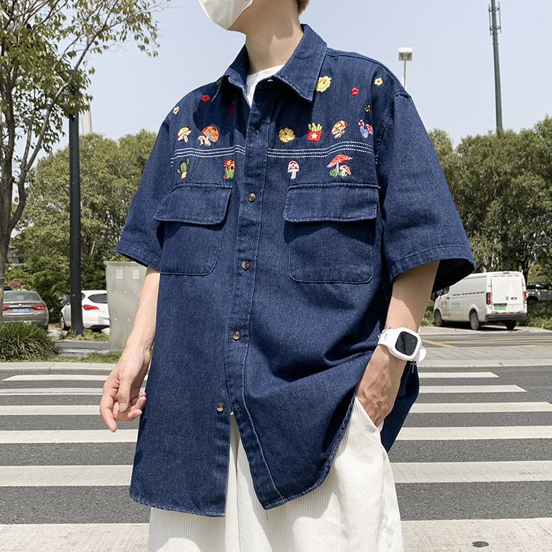 港风夏款男短袖牛仔宽松衬衫涂鸦印花中袖百搭衬衣CS981P55,男装衬衫,星座1013-1