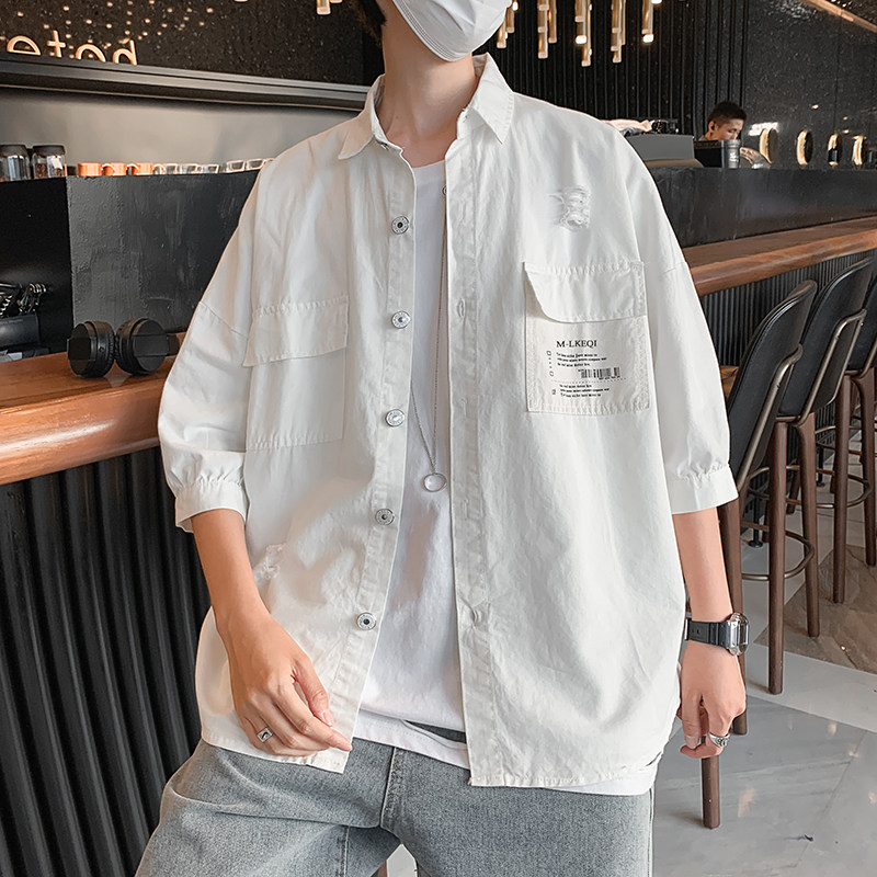 港风夏款男短袖七分袖破洞工装衬衫宽松贴标印花衬衣CS236,男装衬衫,星座1013-1
