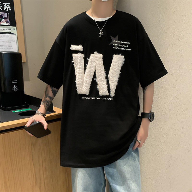 港风夏款男短袖纯棉T恤毛绒刺绣五角星字母印花T恤衫T019P35,男装T恤,星座1013-1