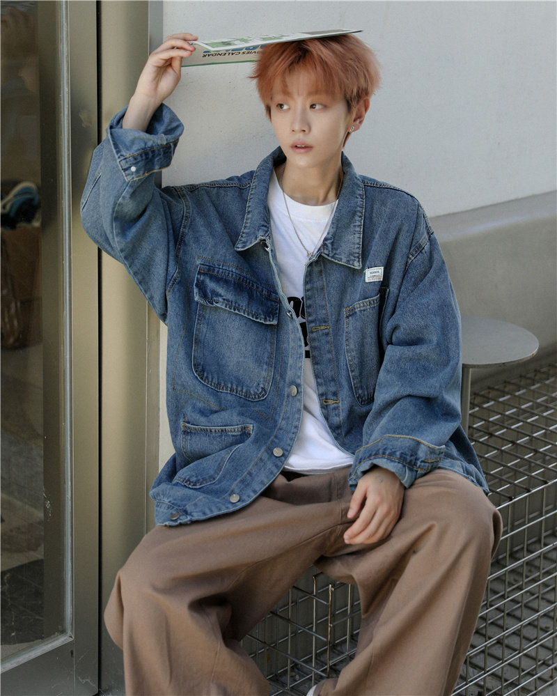 港风秋款男牛仔夹克衫工装大口袋贴标休闲外套J,男装夹克,星座1013-1