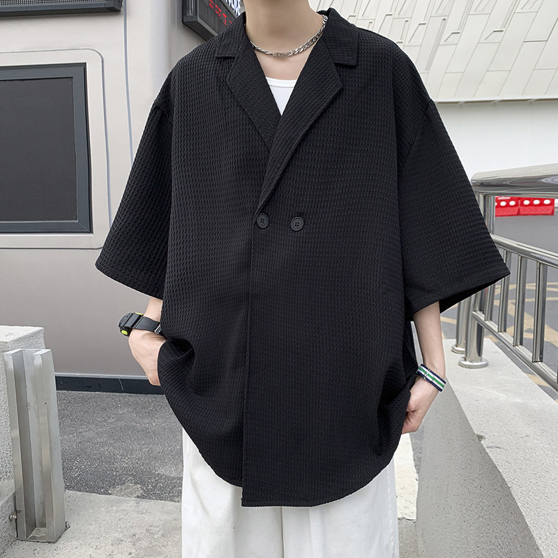 克莱因蓝夏款男短袖衬衫华夫格西装领休闲衬衣CS67P45,男装衬衫,星座1013-1