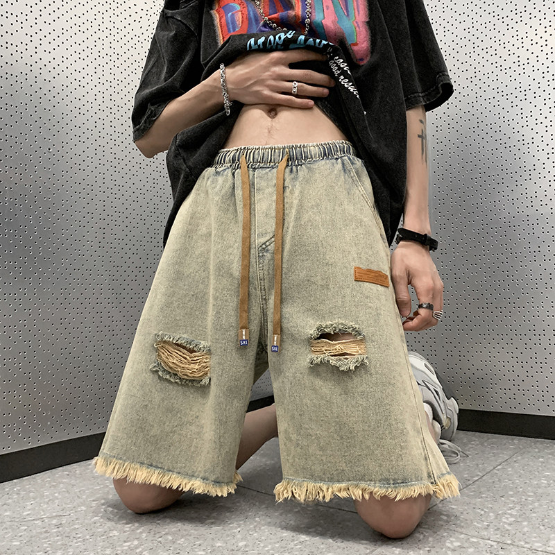 港风夏款男牛仔短裤膝盖破洞贴标复古做旧牛仔马裤D6667P40，男装牛仔裤，星座1013-1