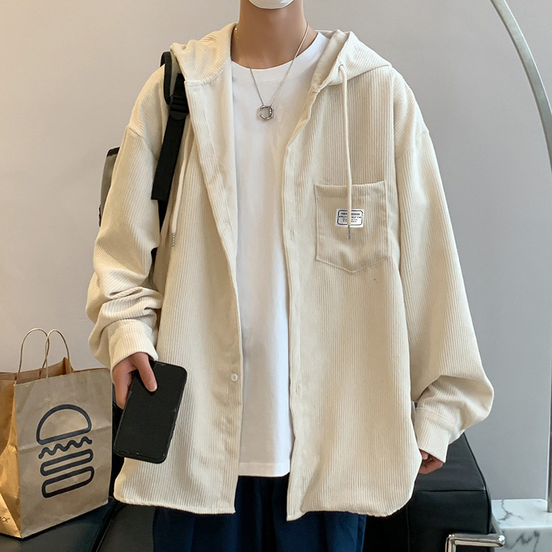 秋款男长袖衬衫连帽灯芯绒小贴标抽绳休闲外套CS729，男装衬衫，星座1013-1