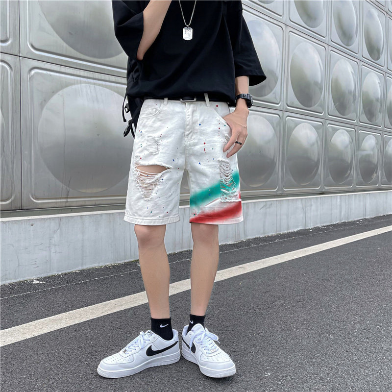 港风夏款男短裤油墨破洞五分马裤短裤D521P35,男装休闲裤,星座1013-1