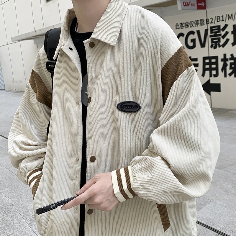 秋款男夹克灯芯绒条纹拼接字母贴标宽松休闲外套JK70P60,男装夹克,星座1013-1