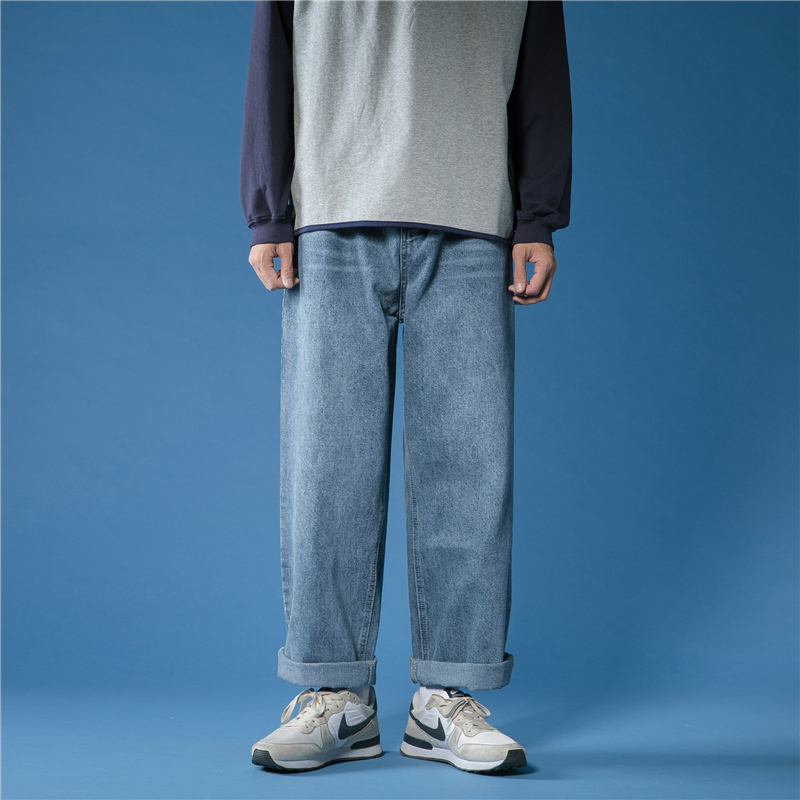 Hong Kong style spring men's jeans loose straight jeans versatile wide leg pants
