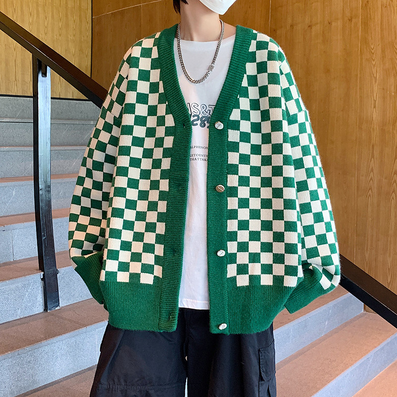 秋冬男针织开衫条纹V领毛衣棋盘格拼接条纹单排扣打底外套M54，男装针织衫/毛衣，星座1013-1
