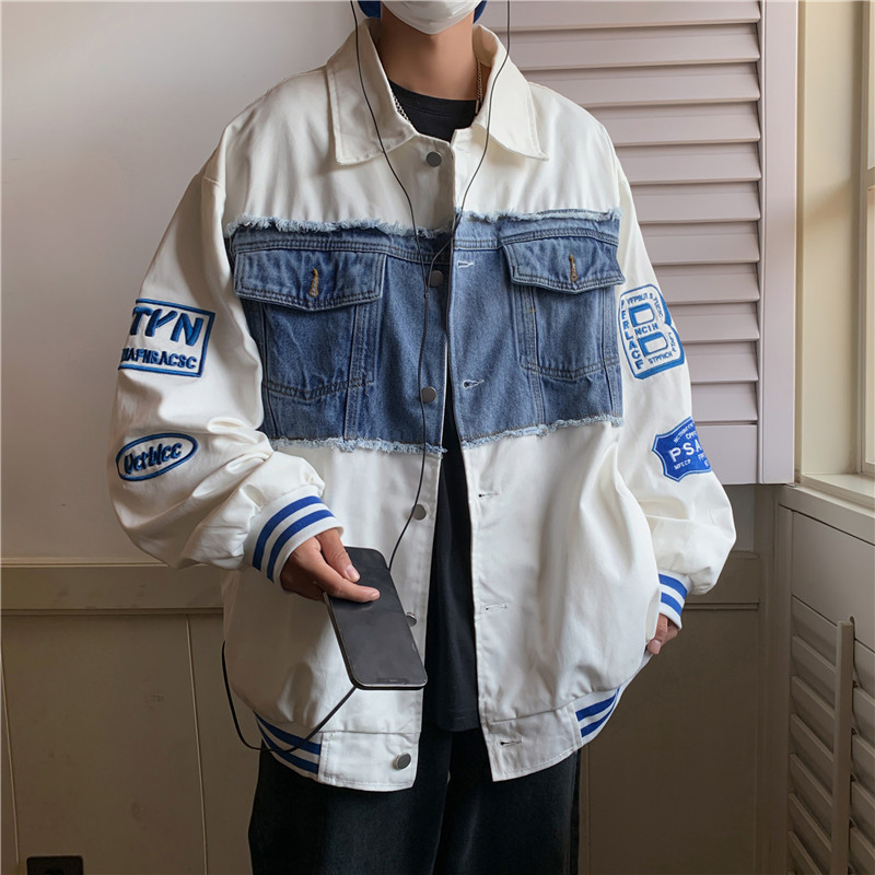港风秋款男夹克牛仔拼字母刺绣勋章条纹休闲外套J,男装夹克,星座1013-1