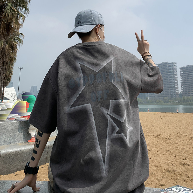 夏款男短袖T恤圆领免烫包边麂皮绒字母五角星印花T恤衫T3031 P35图片