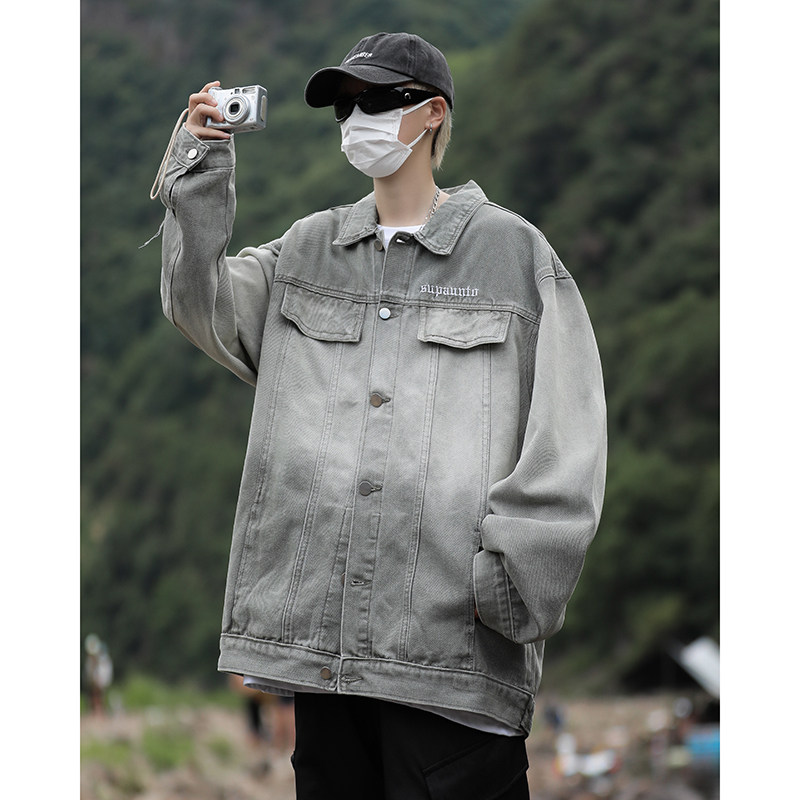2023港风秋款男夹克牛仔字母刺绣渐变色休闲外套JK8825P75,男装夹克,星座1013-1