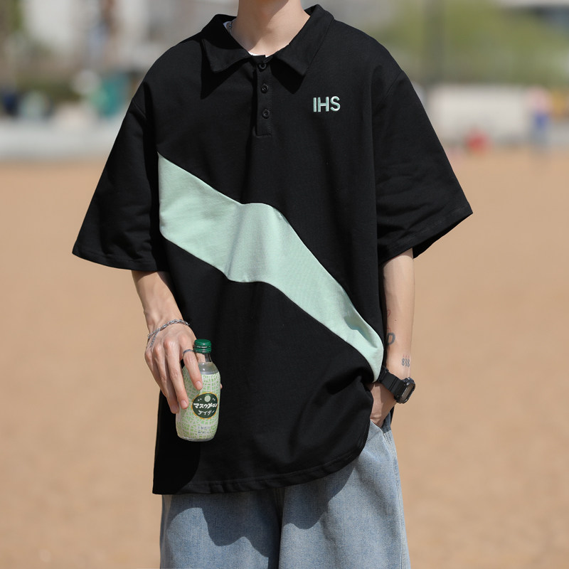高品质夏款男短袖POLO衫字母印花条纹拼接休闲T恤衫T912P35,男装T恤,星座1013-1
