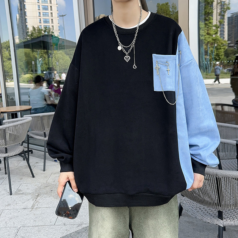 高品质港风秋款男卫衣套头拼色铁链十字架装饰休闲外套wy015P35,男装卫衣,星座1013-1