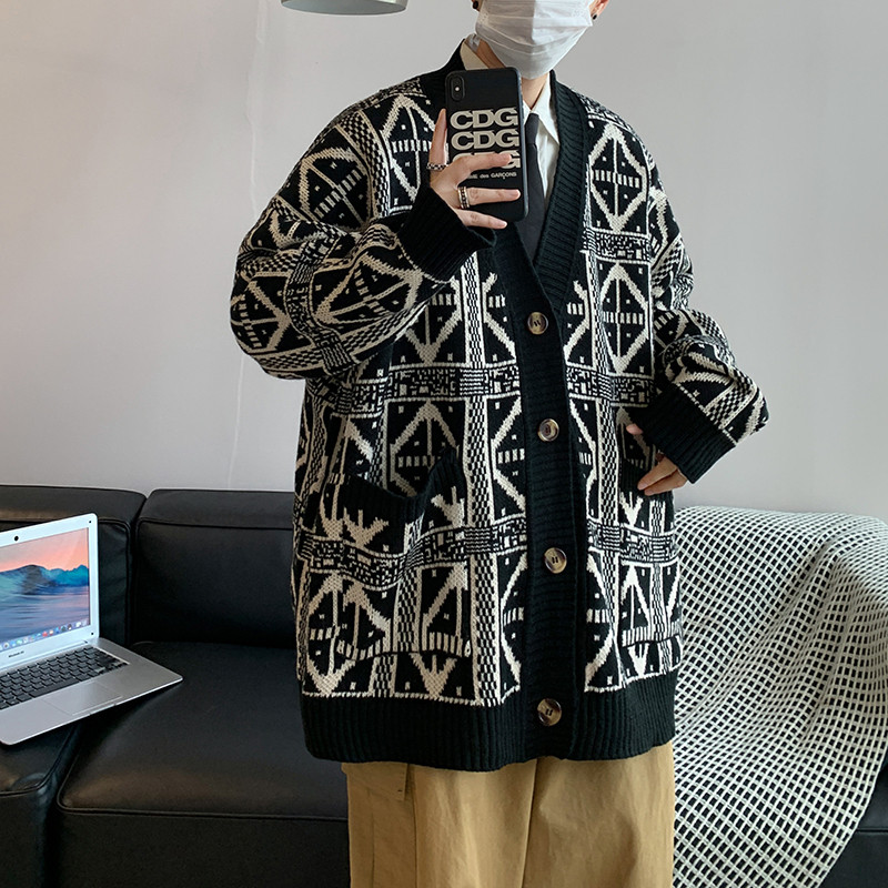 秋款男针织开衫条纹V领毛衣几何印花单排扣外套M83,男装针织衫/毛衣,星座1013-1