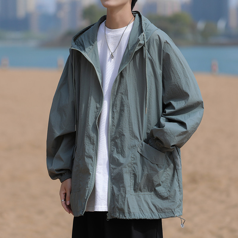 港风夏款男防晒衣服连帽工装大口袋抽绳冲锋衣外套JK9235 P40图片