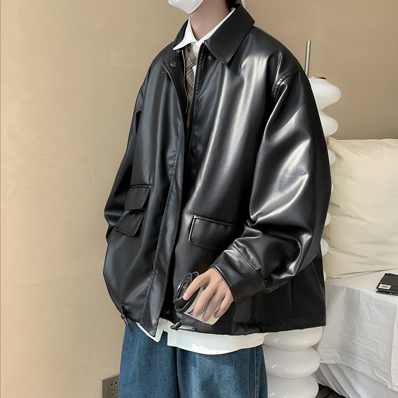 高品质秋冬款男皮衣夹克大口袋抽绳机车休闲外套J,男装皮衣,星座1013-1