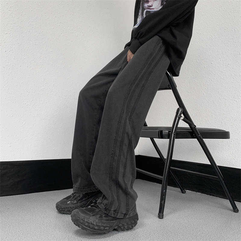 港风夏款男牛仔裤条纹三条杠拼接直筒宽松休闲长裤nk8167P50,男装牛仔裤,星座1013-1