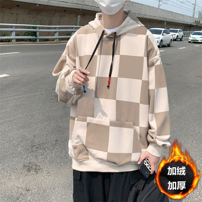 加绒加厚冬款男休闲套头卫衣连帽卫衣棋盘格拼接外套wy09,男装卫衣,星座1013-1
