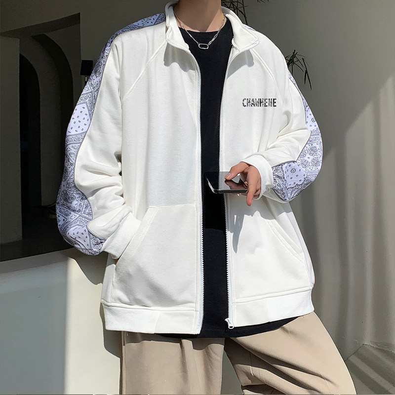 港风秋男夹克开衫字母腰果印花拼接立领拉链运动卫衣外套J,男装夹克,星座1013-1