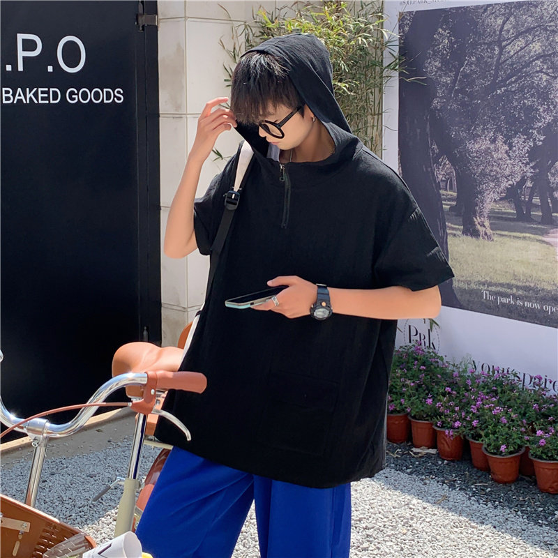 港风夏款男短袖T恤工装大口袋连帽拉链上衣外套T恤衫T755P35,男装T恤,星座1013-1