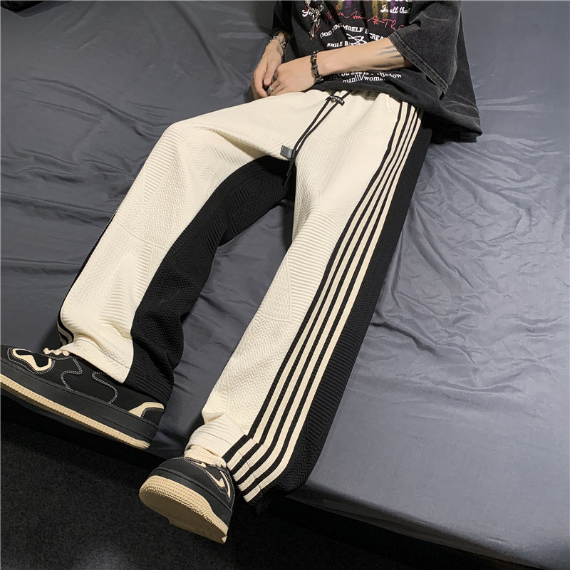 港风夏款男休闲裤条纹拼色褶皱直筒宽松卫裤h2531P40,男装休闲裤,星座1013-1