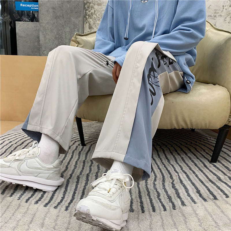 2021港风秋款男直筒宽松拼接字母印花抽绳休闲九分裤h332P35,男装休闲裤,星座1013-1