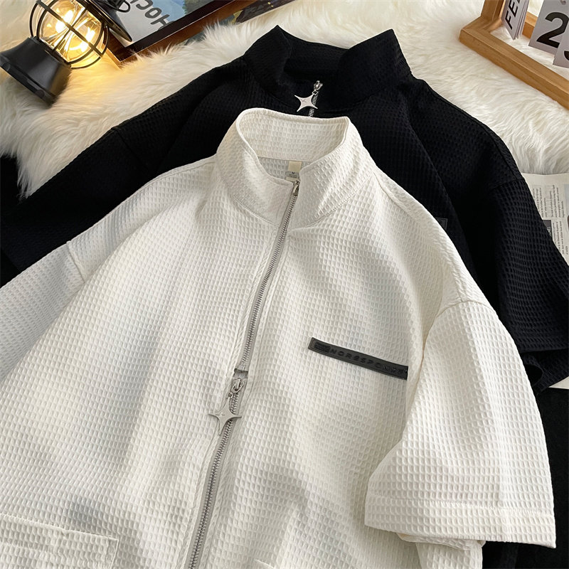 夏款男短袖衬衫方格立领双拉链贴标衬衫工装大口袋外套CS4509P45，男装衬衫，星座1013-1