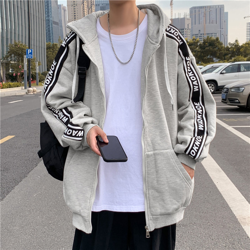 港风秋款男休闲卫衣拉链连帽字母印花条纹拼接外套wy009图片
