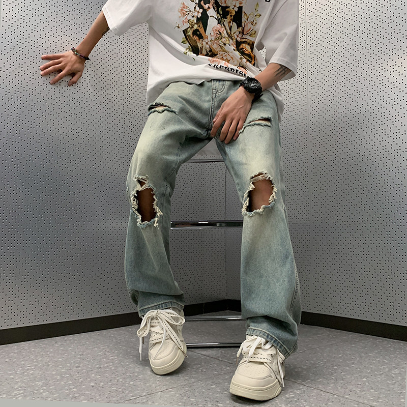港风夏款男牛仔裤膝盖大破洞直筒宽松休闲长裤nk8040P45,男装牛仔裤,星座1013-1