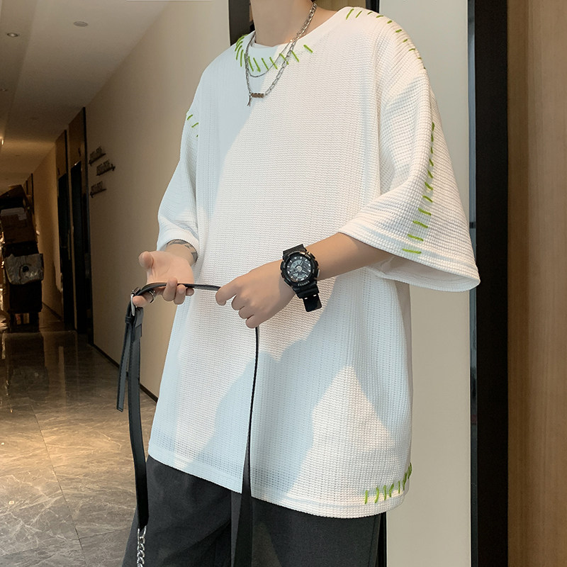 高品质夏款男短袖T恤华夫格明线五分袖T恤衫T003P30,男装T恤,星座1013-1