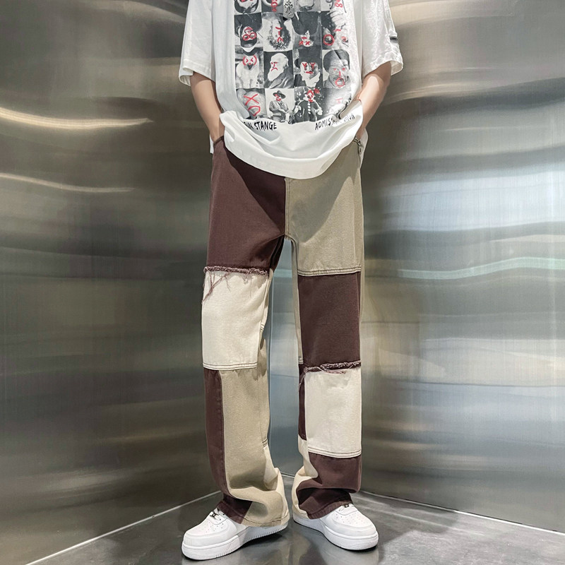 港风夏款男裤拼接拼色流苏休闲宽松直筒长裤h12,男装休闲裤,星座1013-1
