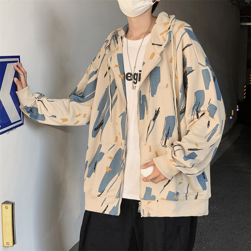 2021港风秋款男迷彩休闲卫衣扎染拉链连帽休闲外套wy32P35,男装卫衣,星座1013-1