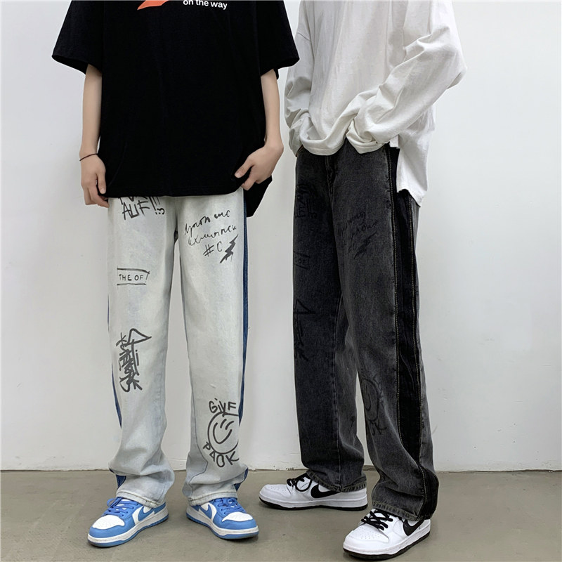 港风夏款男牛仔裤个性印花直筒裤情侣款潮裤nk563 P45图片