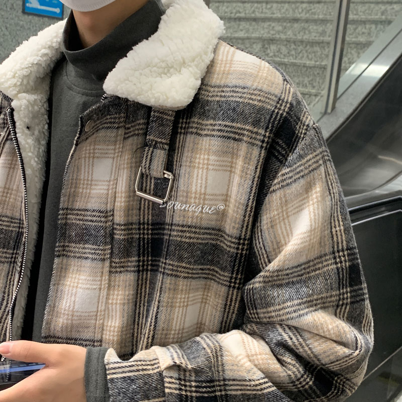 港风男棉衣羊羔毛条纹格子宽松棉服加绒加厚外套棉袄M02,男装棉衣,星座1013-1