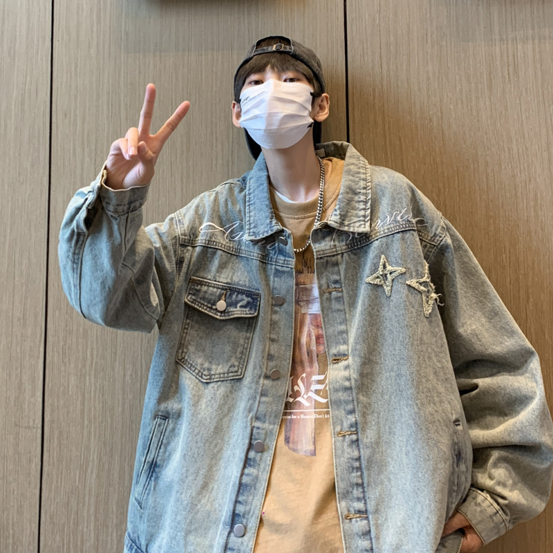 秋款男牛仔夹克衫字母印花五角星补丁拼接休闲外套JK2112P65,男装夹克,星座1013-1