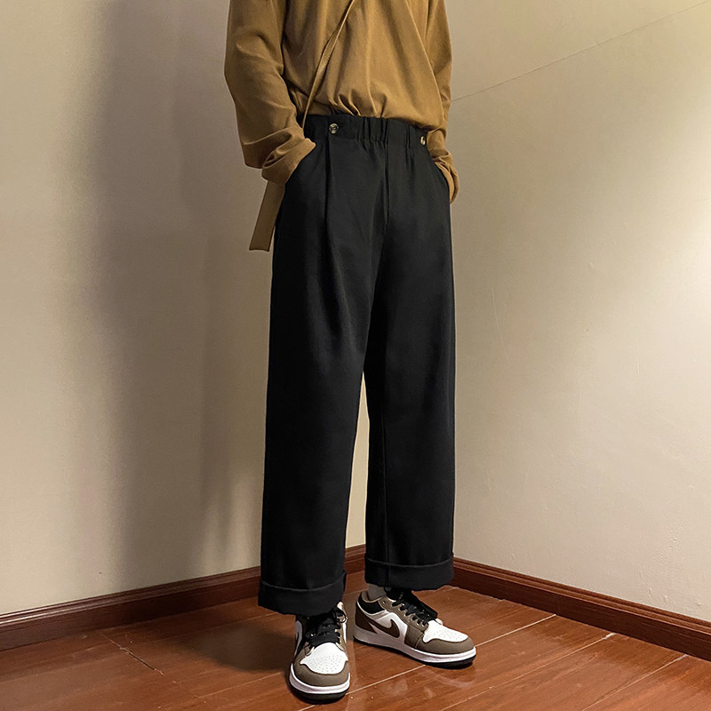港风春款男裤松紧腰纽扣装饰韩版宽松直筒长裤h9020,男装休闲裤,星座1013-1