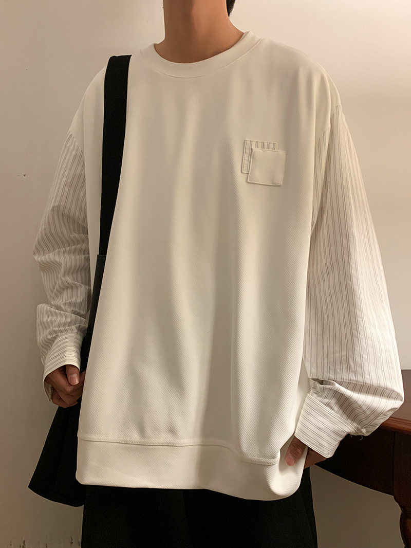 高品质秋款男圆领卫衣假两件衬衫袖条纹拼接休闲外套wy122 P40图片
