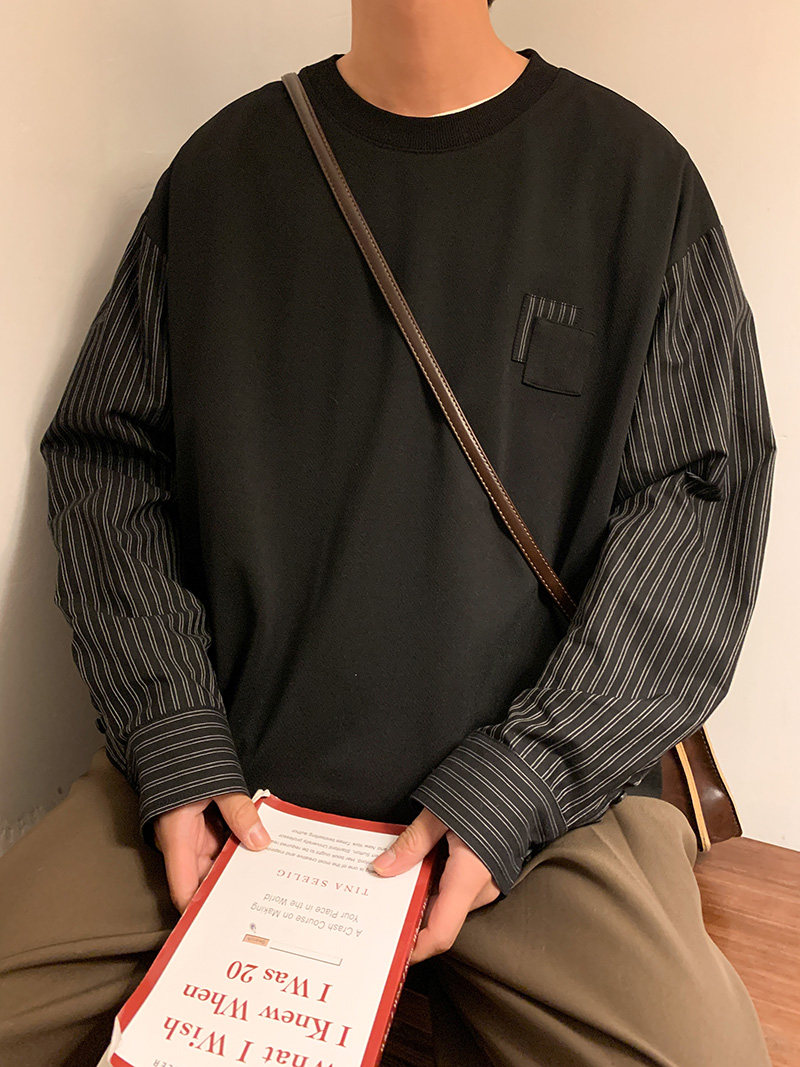 高品质秋款男圆领卫衣假两件衬衫袖条纹拼接休闲外套wy122P40,男装夹克,星座1013-1