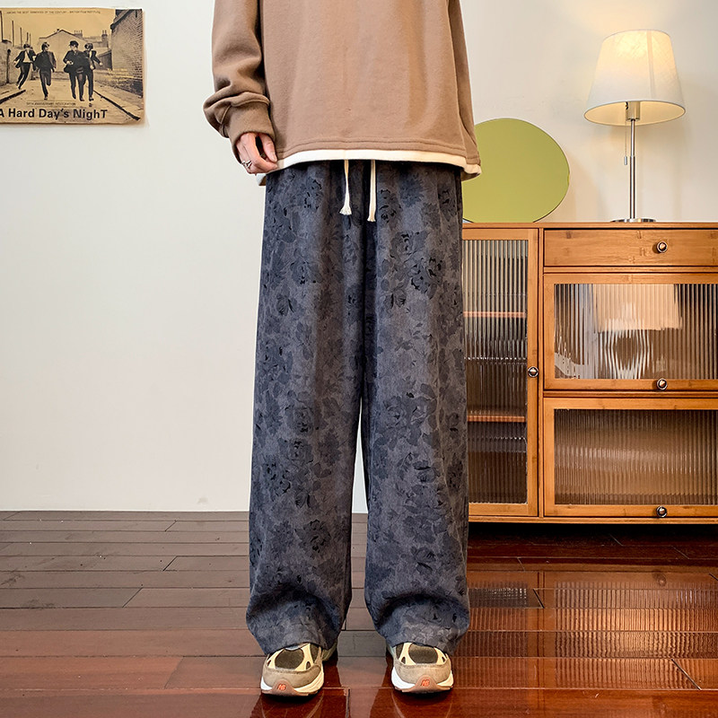 港风秋款款男裤树枝叶鲜花印花休闲宽松直筒长裤h526P35加绒p45,男装休闲裤,星座1013-1